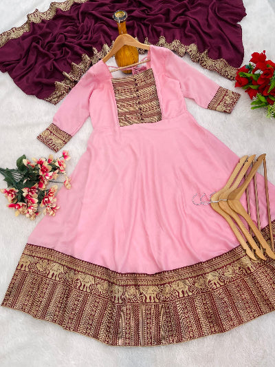 Pink South Fashion Anarkali Dupatta Set Of 2