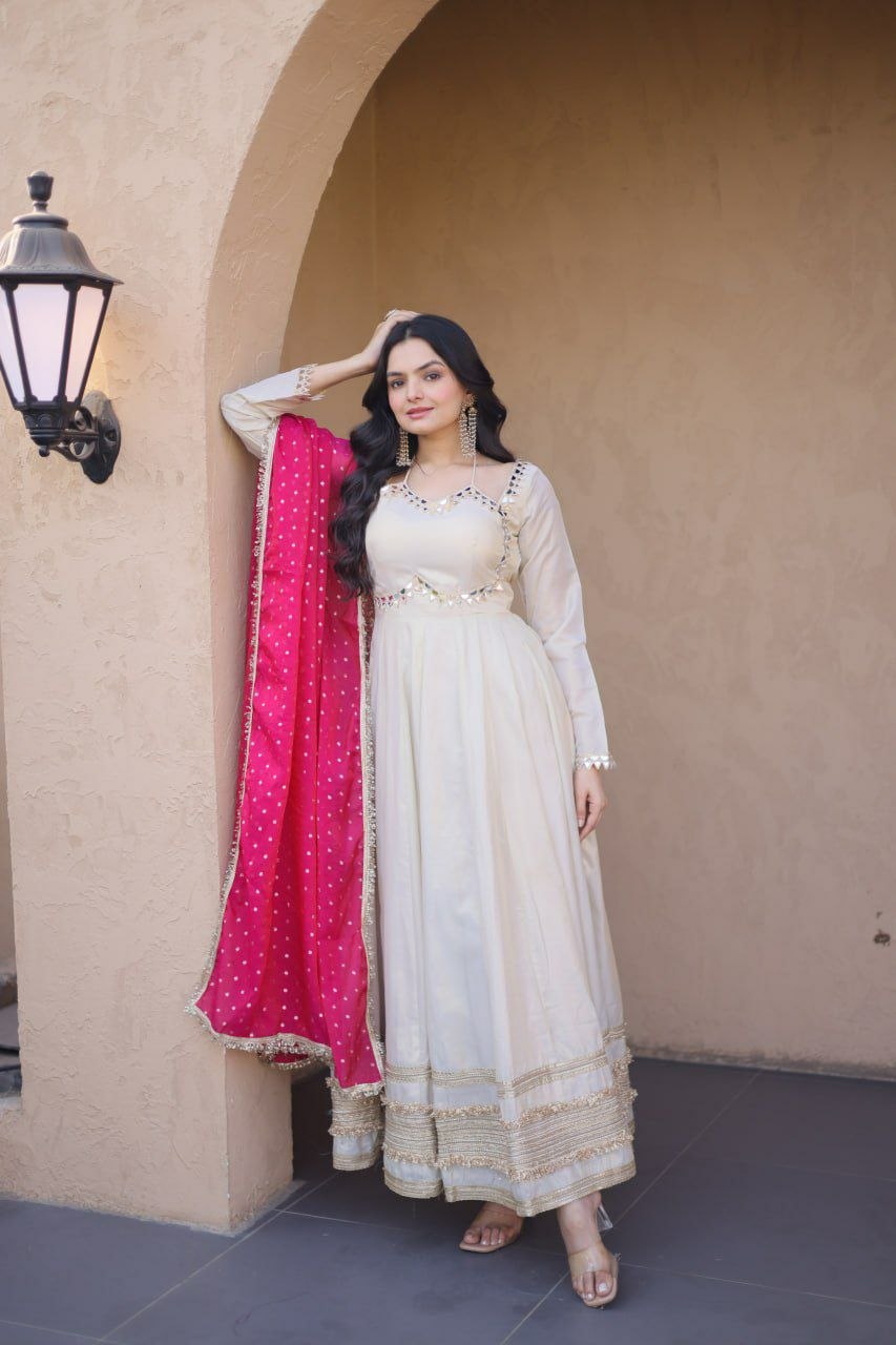 Ivory Gold Zari Work Anarkali Gown Dupatta Set Of 2