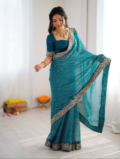Blue Leheriya Georgette Pre-pleated Saree with Free Stitched Blouse