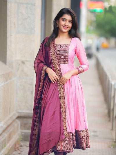 Pink South Fashion Anarkali Dupatta Set Of 2