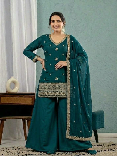 Teal Blue Sequin Embroidered Sharara Suit for Women