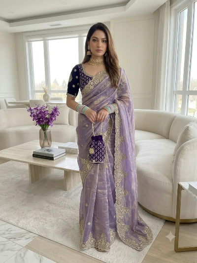 Lilac Chiffon Silk Pre-pleated Ready to Wear Saree with Purple Stitched Blouse