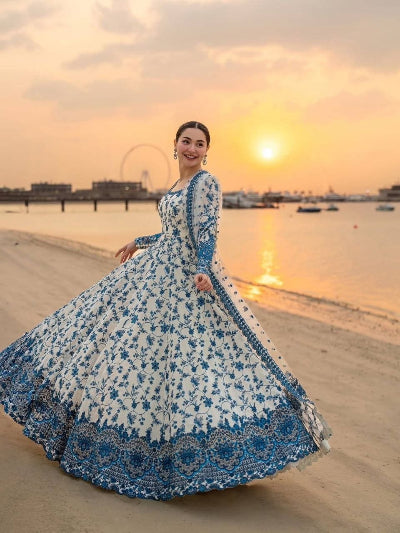 White Blue Georgette Embroidery Anarkali Suit Set