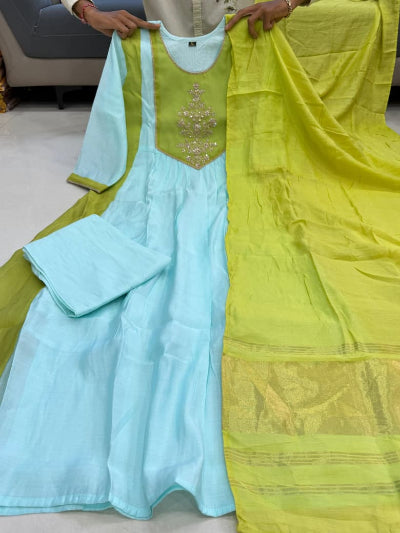 Ice Blue &amp; Lime Yellow Pure Mal Chanderi Anarkali Suit