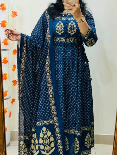Blue Pure Cotton Anarkali Suit Set with Pant and Dupatta