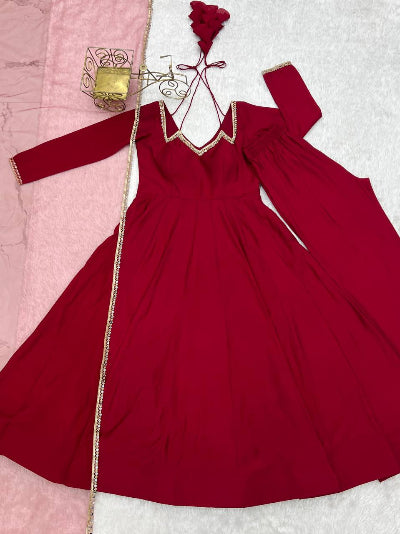 Deep Maroon Roman Silk Chanderi Full Sleeves Anarkali Suit