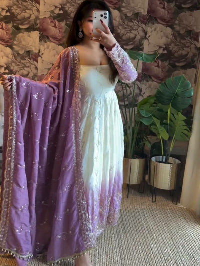 Lavender White Georgette Sequence Work Anarkali Suit