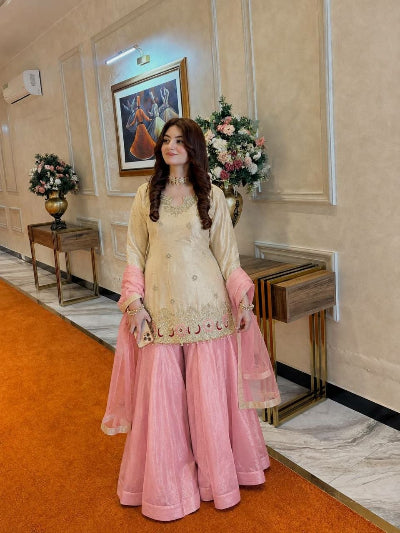 Gold &amp; Pink Crunchy Silk Designer Palazzo Sharara Suit | Asian Ethnic Wear