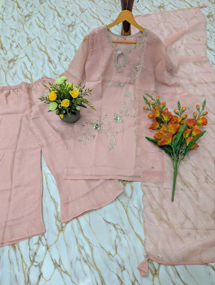 Blush Pink Embroidered Crunchy Silk Palazzo Suit
