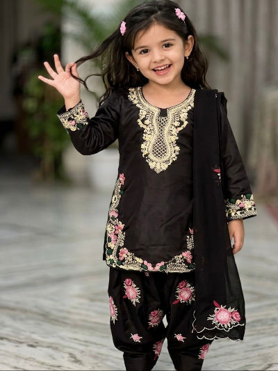 Black Floral Kids Embroidered Punjabi Suit