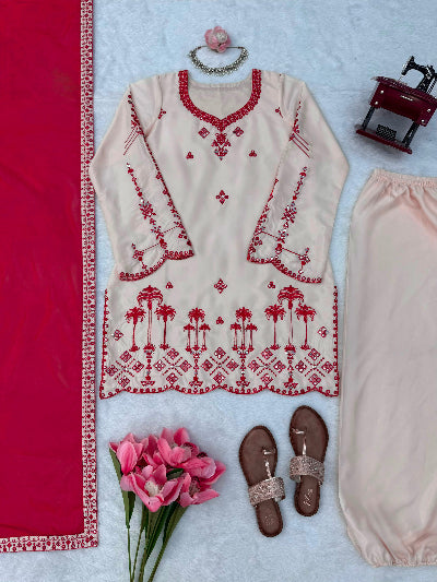 Cream &amp; Red Embroidered Harem Salwar Suit Set for Women UK