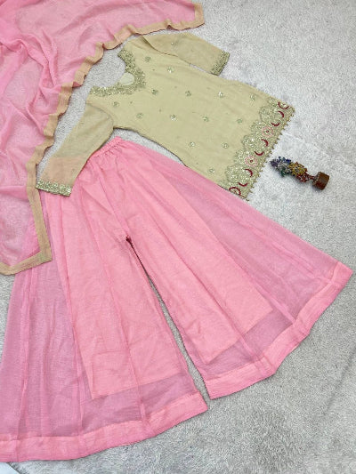 Gold &amp; Pink Crunchy Silk Designer Palazzo Sharara Suit | Asian Ethnic Wear
