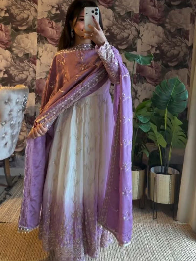 Lavender White Georgette Sequence Work Anarkali Suit