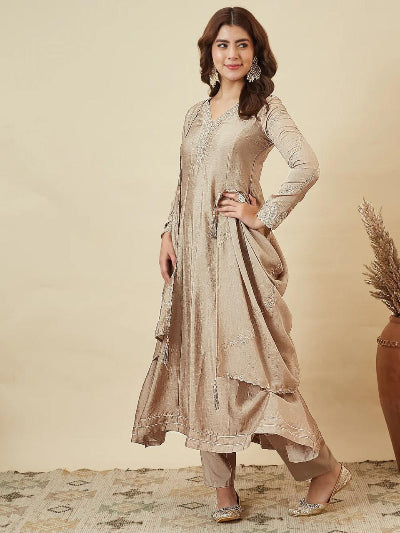 Golden Beige Silk Modest Anarkali Suit