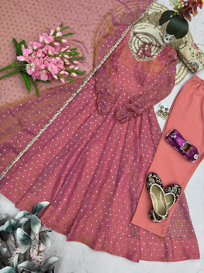 Rose Pink Butti Silk Anarkali Suit Set