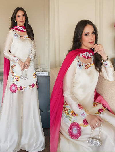 Ivory Floral Embroidered Sharara Palazzo Suit with Pink Dupatta