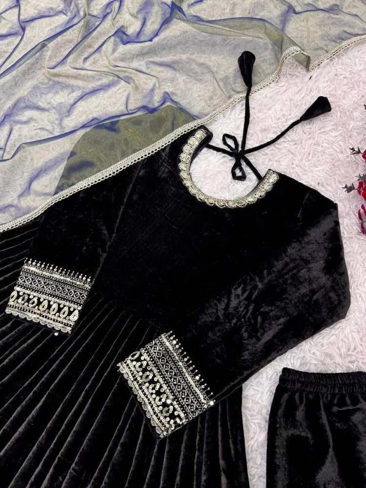 Black Velvet Anarkali Gown With Dupatta and Embroidery Work UK Next Day