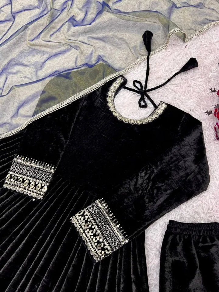 Black Velvet Anarkali Gown With Dupatta and Embroidery Work UK Next Day