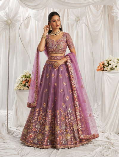 Mauve Pink Designer Lehenga Choli with Embroidered Net Dupatta UK Next Day