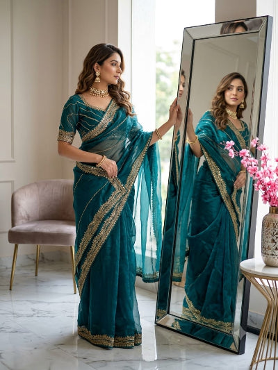 Alaya Teal Tissue Silk Pre-pleated Ready to Wear Saree with Stitched Blouse