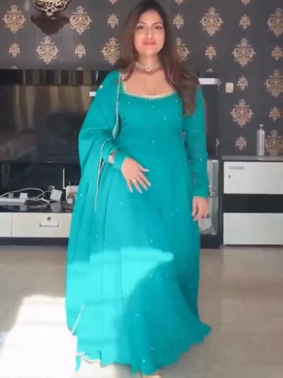 Turquoise Blue Georgette Real Mirror Work Anarkali Suit Set