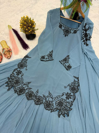 Powder Blue Georgette Beaded Embroidered Sharara Suit Set