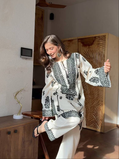 White with Black Embroidery Work Palazzo Kurti Set of 2