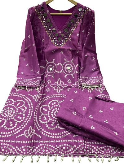 Designer Bandhani Chinon Silk Coord Set with Mirror Work