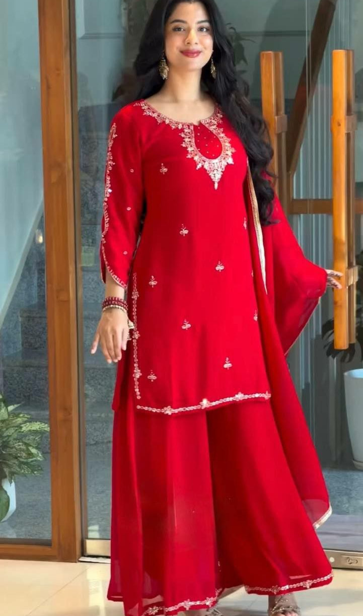 Red Karvachauth Georgette Embroidered Palazzo Suit Set