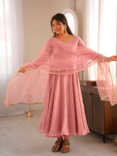 Blush Pink Crush Silk Mirror Work Gown Suit | Women&