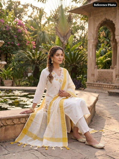 White Gold Embroidered Khadi Cotton Suit Set for Women