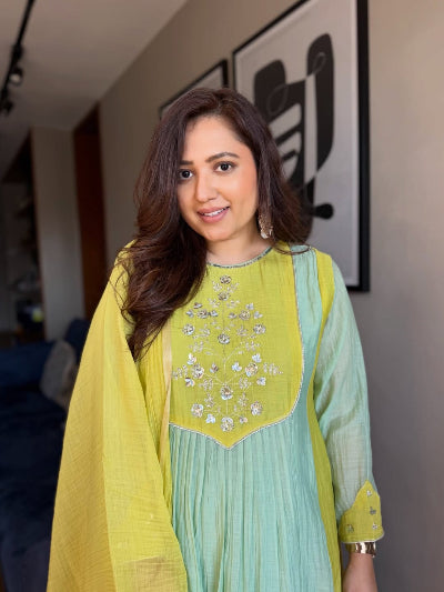 Ice Blue &amp; Lime Yellow Pure Mal Chanderi Anarkali Suit