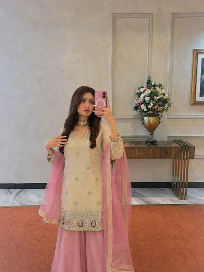 Gold &amp; Pink Crunchy Silk Designer Palazzo Sharara Suit | Asian Ethnic Wear
