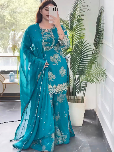 Peacock Blue Embroidery Sequins Work Sharara Suit for Women