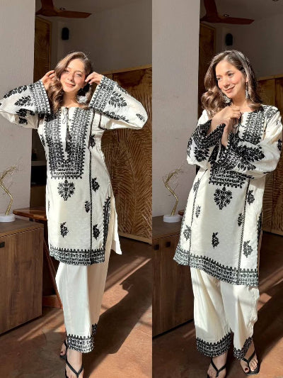 White with Black Embroidery Work Palazzo Kurti Set of 2