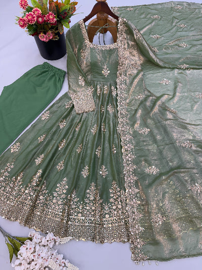 Sage Green Embroidered Silk Anarkali Gown Suit Set