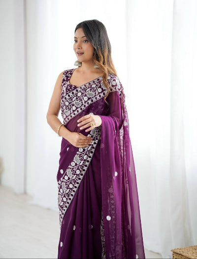 Wine Georgette Thread Embroidery Ready to wear Saree with Free Stitched Blouse