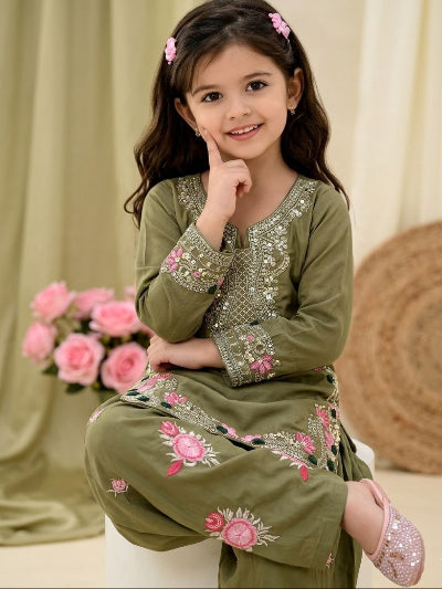 Mehendi Green Floral Kids Embroidered Punjabi Suit