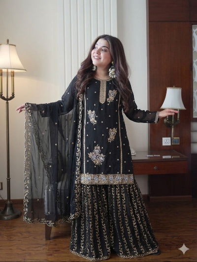 Black Georgette Elegant Embroidered Gharara Suit Set