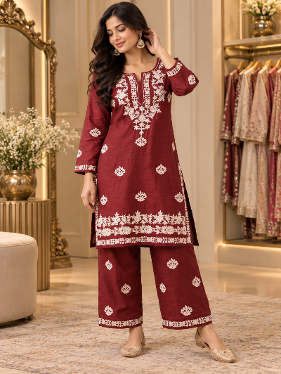 Red Plus Size Chikankari Rayon Kurta Palazzo Set UK Next Day