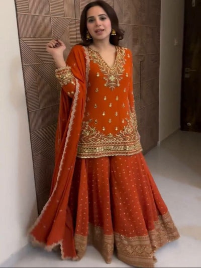 Orange Gold Embroidery Georgette Sharara Suit