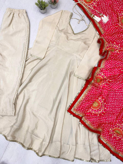 Cream Chinon Anarkali Set with Red Bandhani Dupatta