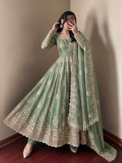 Sage Green Embroidered Silk Anarkali Gown Suit Set