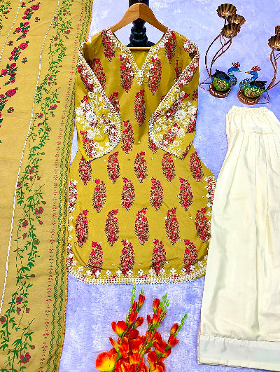 Mustard Yellow Floral Embroidered Farshi Salwar Suit Set for Women