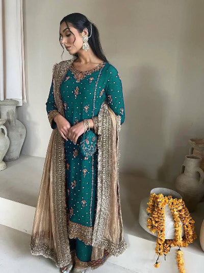 Partywear Designer Gold Embroidery Straight Suit
