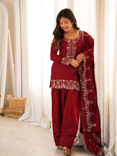 Designer Red Embroidered Farshi Suit Set