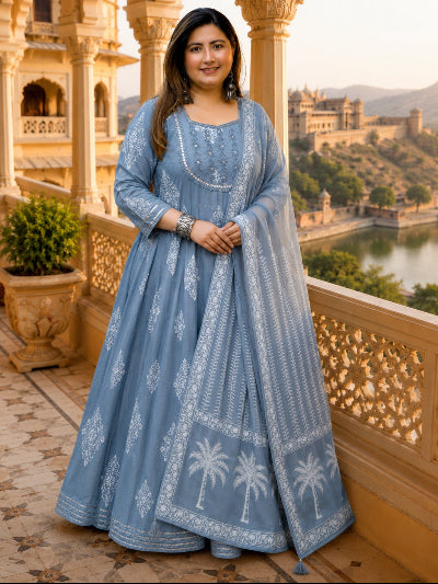Plus Size Women Powder Blue Cotton Anarkali Dupatta Set of 2