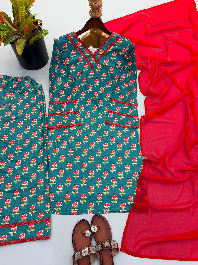 Green Floral Print Farshi Suit Set with Nazmin Dupatta