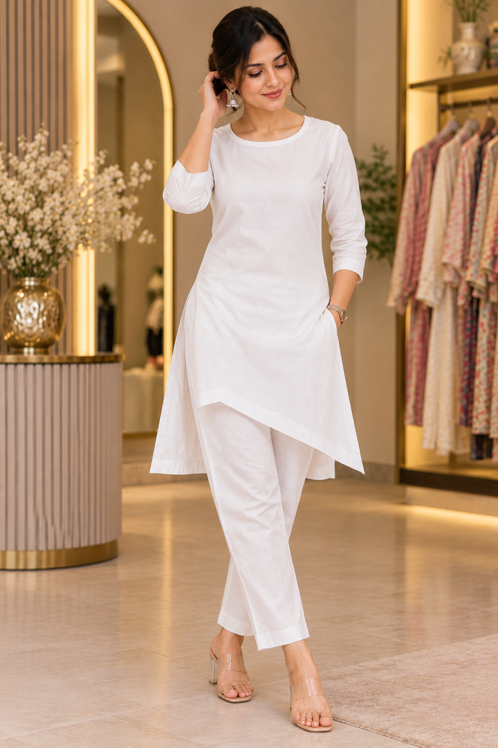 White Plain Kurti Pant Set UK Next Day