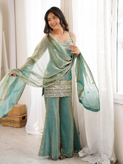 Ice Blue Silk Sleeveless Kurta Bell Bottom Pant &amp; Dupatta